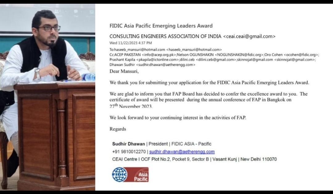 انجینئر عبدالحسیب منصوری نے FIDIC ایشیا پیسیفک ینگ ایمرجنگ لیڈرز ایوارڈ 2023 حاصل کرلیا
