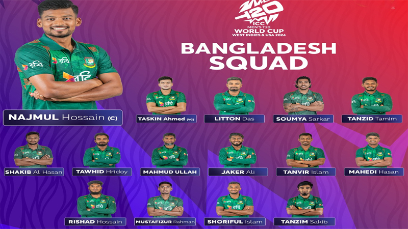 بنگلادیش کرکٹ بورڈ  نے ٹی ٹوئنٹی ورلڈکپ کے لیے 15 رکنی اسکواڈ کا اعلان کردیا